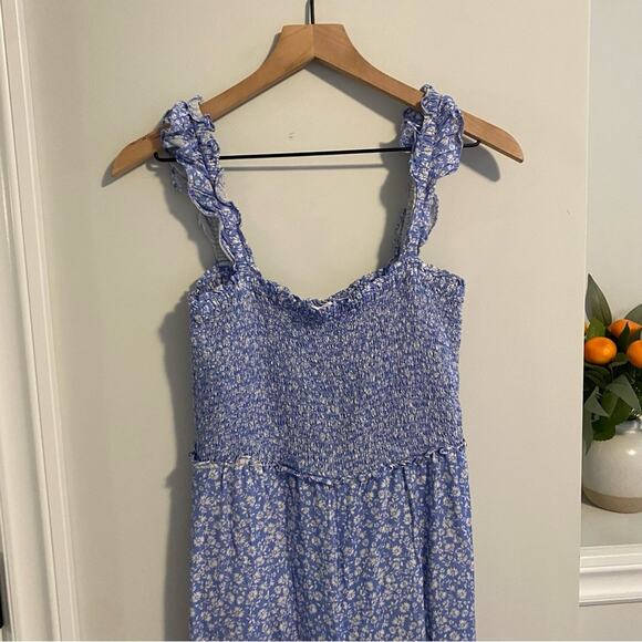 Intermix Blue White Floral Smocked Jumpsuit 4 - Picture 9 of 12